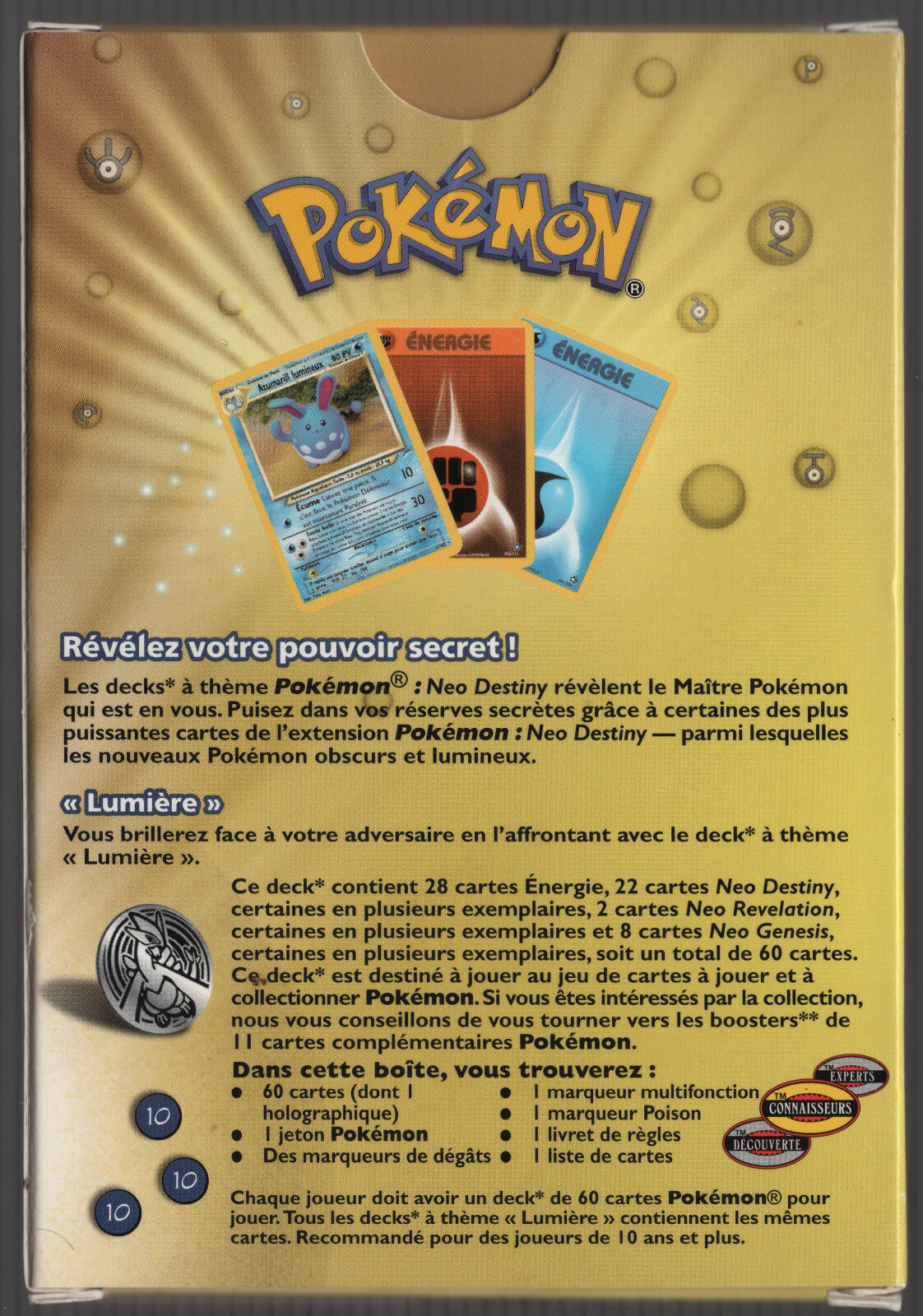 LUMIERE Pokemon FRENCH Neo Destiny Light Theme Deck NO CELLO WRAPPER ON BOX