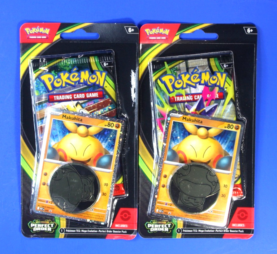 2 Pokemon Mega Evolution Perfect Order Booster Packs Makuhita Promo Card & Coin