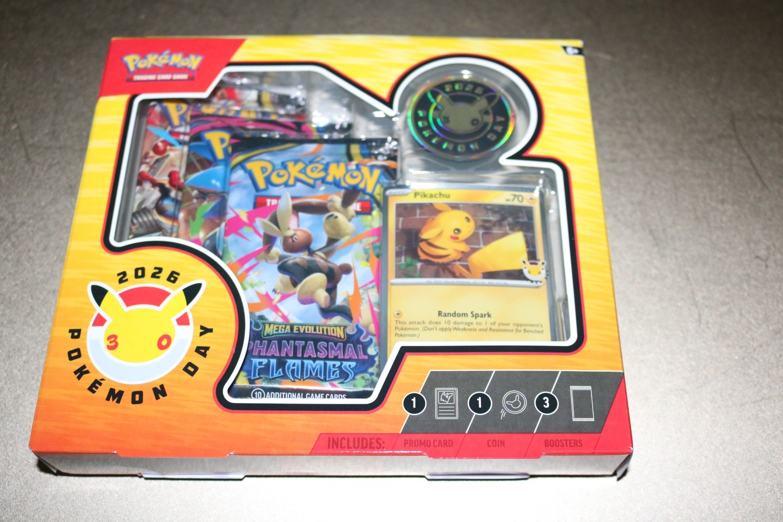 2026 Pokemon Day 30th anniversary box Pikachu promo card, coin & 3 booster packs