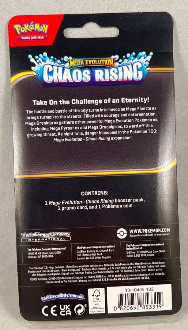 Pokémon TCG – Mega Evolution – 1 Chaos Rising Booster Pack – 1 Promo Card &Coin