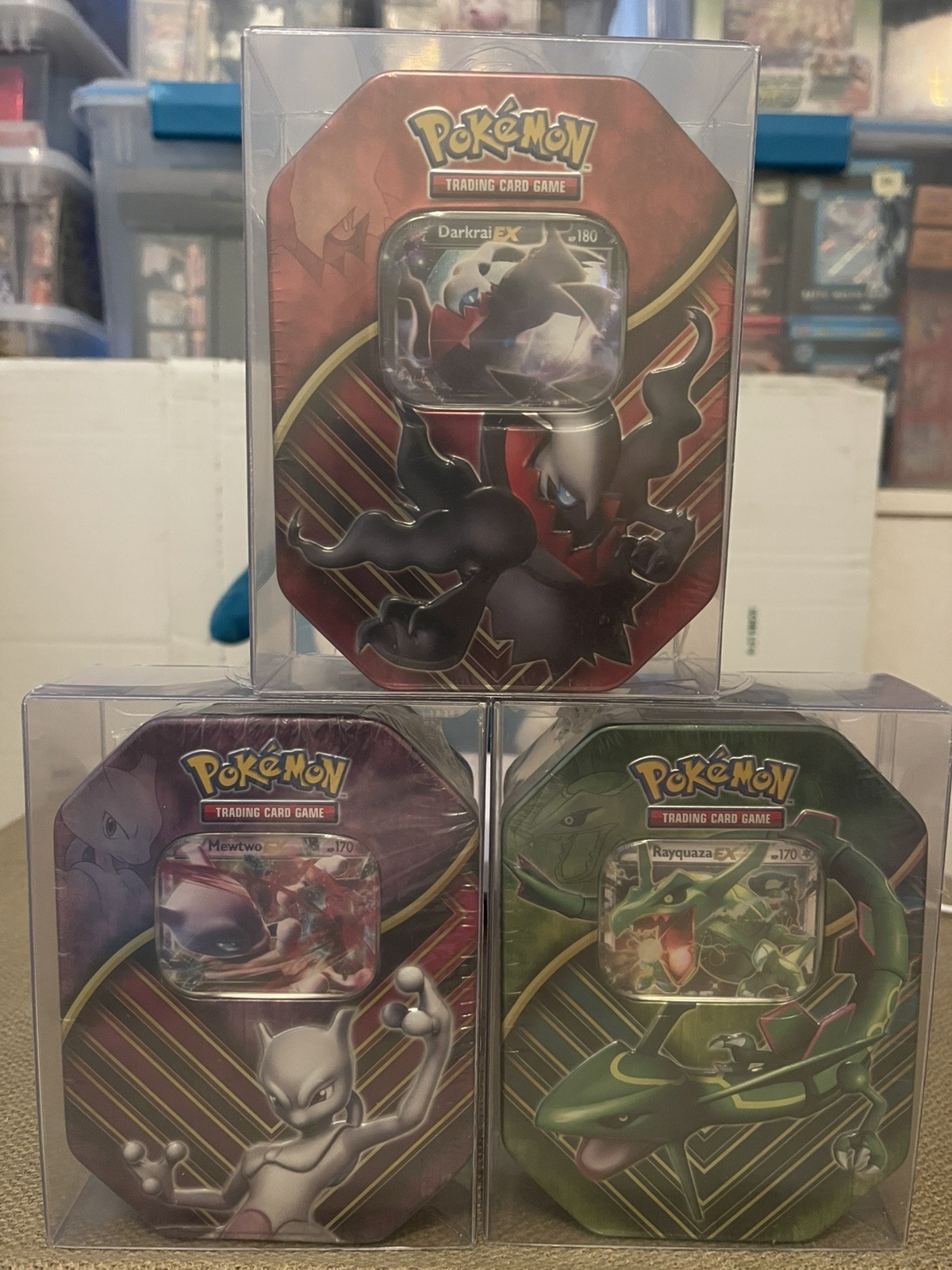 Pokemon Sealed 2017 Battle Origins Tin Set Lot (3) Mewtwo Darkai Rayquaza **RARE