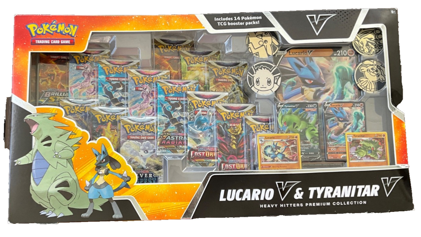 Pokemon TCG Lucario V & Tyranitar V Collector’s Box – 14 Packs
